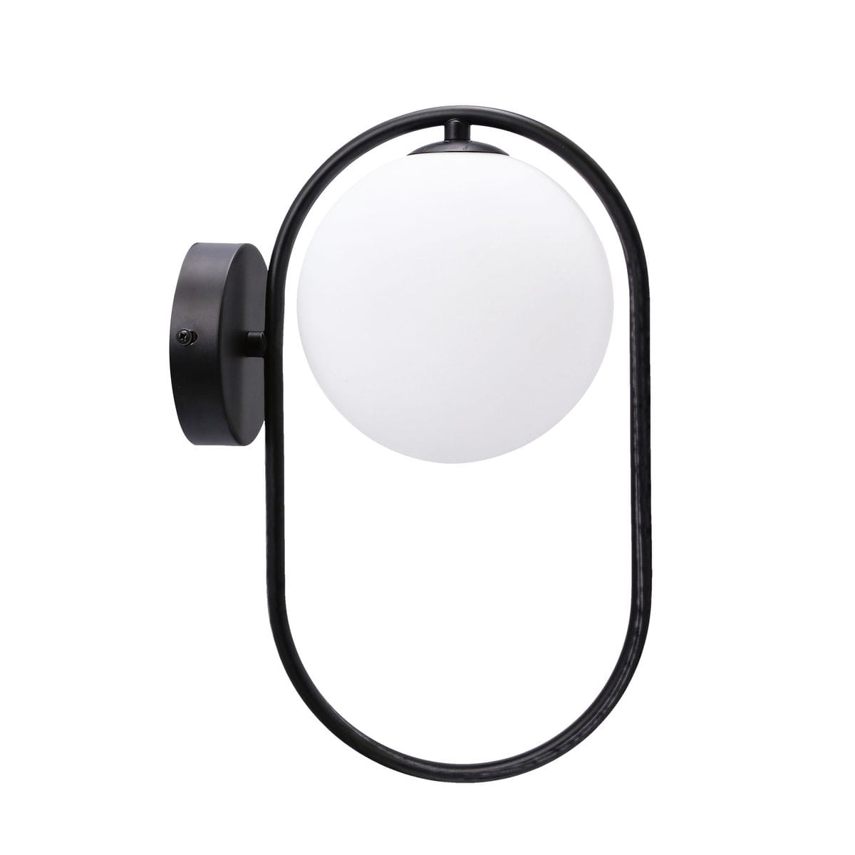 Kinkiet 1-punktowy Cordel w czarnym kolorze, z okrągłą, białą kloszem, zamontowany na okrągłej podstawie. Kształt lampy łukowaty, z minimalistycznym designem, idealny do nowoczesnych wnętrz. Ujęcie z boku, podkreślające formę i detale.