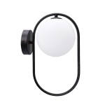 Kinkiet 1-punktowy Cordel w czarnym kolorze, z okrągłą, białą kloszem, zamontowany na okrągłej podstawie. Kształt lampy łukowaty, z minimalistycznym designem, idealny do nowoczesnych wnętrz. Ujęcie z boku, podkreślające formę i detale.