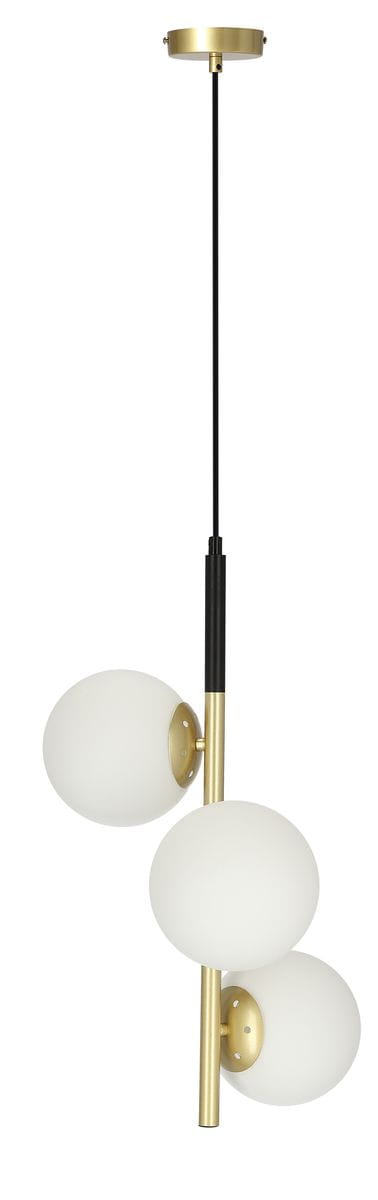 Duo lampa wisząca 3-punktowa w kolorze czarnym i złotym. Składa się z trzech białych, okrągłych kloszy zawieszonych na smukłej, złotej rurze. Lampa ma czarny kabel i złotą podsufitkę, wisi w pozycji pionowej.
