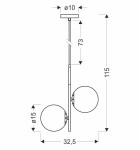 Duo lampa wisząca 2-punktowa w kolorze czarnym i złotym, z dwoma okrągłymi kloszami o średnicy 15 cm. Wysokość 115 cm, szerokość 32,5 cm. Lampa zawieszona na cienkim metalowym stelażu, idealna do nowoczesnych wnętrz.