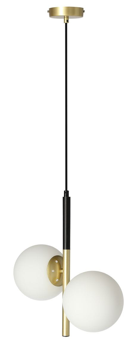 Duo lampa wisząca 2-punktowa w kolorze czarnym i złotym, z dwoma białymi, okrągłymi kloszami. Posiada metalowy stelaż z czarnym wykończeniem i złotym detalem u góry. Zawieszona na cienkim, czarnym kablu. Idealna do nowoczesnych wnętrz.