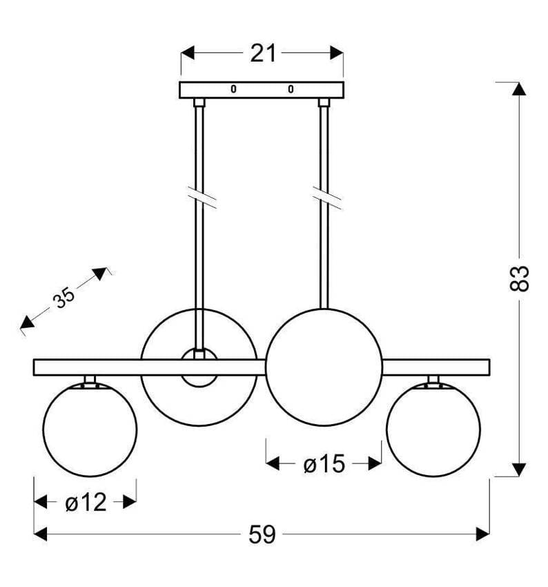 Czarna i złota lampa wisząca Kama z czterema okrągłymi kloszami. Wymiary: długość 59 cm, wysokość 83 cm, szerokość 21 cm. Klosze o średnicach 15 cm i 12 cm, zawieszone na dwóch rurkach. Prosty, nowoczesny design.