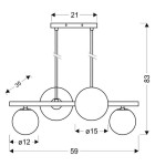 Czarna i złota lampa wisząca Kama z czterema okrągłymi kloszami. Wymiary: długość 59 cm, wysokość 83 cm, szerokość 21 cm. Klosze o średnicach 15 cm i 12 cm, zawieszone na dwóch rurkach. Prosty, nowoczesny design.