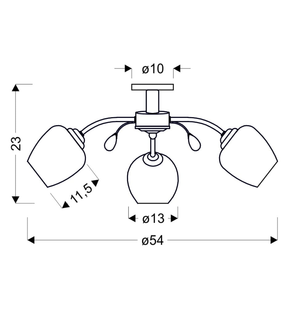 Lampa sufitowa Estar z trzema punktami świetlnymi w chromowanym wykończeniu. Kształt cylindryczny kloszy, wymiary: wysokość 23 cm, średnica 54 cm. Ułożona poziomo, z centralnym mocowaniem i dekoracyjną kulą. Wysokość kloszy 11,5 cm, średnica 10 cm.