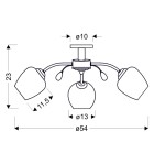 Lampa sufitowa Estar z trzema punktami świetlnymi w chromowanym wykończeniu. Kształt cylindryczny kloszy, wymiary: wysokość 23 cm, średnica 54 cm. Ułożona poziomo, z centralnym mocowaniem i dekoracyjną kulą. Wysokość kloszy 11,5 cm, średnica 10 cm.
