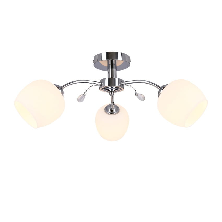 Lampa sufitowa Estar 3-punktowa w chromie z trzema białymi kloszami w kształcie kul. Konstrukcja z metalowymi ramionami, zamontowana na okrągłej podstawie. Ujęcie z góry, pokazujące wszystkie detale lampy.