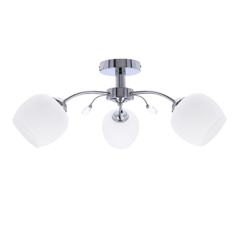 Lampa sufitowa Estar 3-punktowa w kolorze chromu z trzema białymi, matowymi kloszami. Produkt montowany jest na suficie, a klosze są umieszczone na delikatnych, zakrzywionych ramionach, co nadaje mu nowoczesny wygląd.