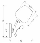 Kinkiet Estar 1-punktowy w kolorze chromowanym. Owalny klosz o średnicy 13 cm, wysokość 25 cm. Uchwyt ścienny prostokątny, wykończony na wysoki połysk. Włącznik w formie małego pokrętła. Wymiary: 18 cm szerokości, 12 cm głębokości.