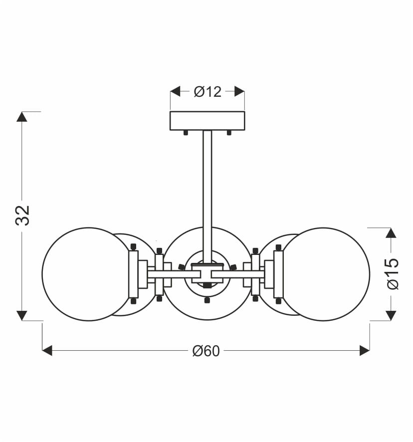 Lampa sufitowa Lens 5-punktowa w kolorze czarnym z elementami w patynie. Okrągłe klosze o średnicy 15 cm, zamontowane na metalowej konstrukcji. Wymiary: wysokość 32 cm, szerokość 60 cm.