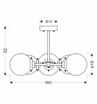 Lampa sufitowa Lens 5-punktowa w kolorze czarnym z elementami w patynie. Okrągłe klosze o średnicy 15 cm, zamontowane na metalowej konstrukcji. Wymiary: wysokość 32 cm, szerokość 60 cm.