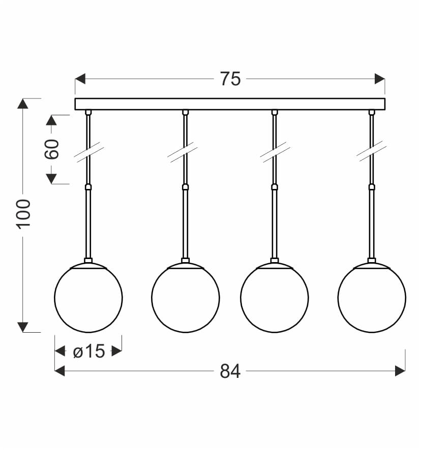 Czarna lampa wisząca Pompei 4-punktowa z czterema okrągłymi kloszami o średnicy 15 cm, zawieszona na prostokątnej podstawie. Wymiary: długość 84 cm, wysokość 100 cm, głębokość 75 cm. Idealna do nowoczesnych wnętrz.
