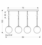 Czarna lampa wisząca Pompei 4-punktowa z czterema okrągłymi kloszami o średnicy 15 cm, zawieszona na prostokątnej podstawie. Wymiary: długość 84 cm, wysokość 100 cm, głębokość 75 cm. Idealna do nowoczesnych wnętrz.