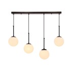 Czarna lampa wisząca Pompei z czterema okrągłymi kloszami z białego szkła, zawieszona na prostokątnej, metalowej podstawie. Klasyczny design, idealna do nowoczesnych wnętrz. Klosze mają matową fakturę, a całość utrzymana w minimalistycznym stylu.