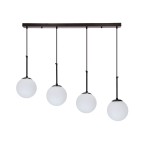 Czarna lampa wisząca Pompei z czterema okrągłymi kloszami w białym kolorze, zawieszona na prostokątnej podstawie. Klosze mają gładką, matową powierzchnię i są zawieszone na cienkich, czarnych linkach.