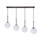 Lampa wisząca Pompei 4-punktowa w kolorze czarnym, z czterema białymi, okrągłymi kloszami z matowego szkła, zawieszona na cienkich linkach z regulacją wysokości, montowana na prostokątnej podstawie.