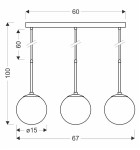 Czarna lampa wisząca Pompei 3-punktowa z trzema okrągłymi kloszami o średnicy 15 cm, zawieszona na prostokątnej podstawie. Wymiary: 67 cm szerokości, 100 cm długości. Klosze zawieszone na regulowanych linkach.