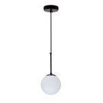 Czarna lampa wisząca Pompei 1-punktowa z okrągłym, mlecznym kloszem. Produkt zawieszony na cienkim, czarnym przewodzie, z okrągłym mocowaniem sufitowym. Prosty i nowoczesny design, idealny do różnych aranżacji wnętrz.