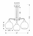 Czarna lampa wisząca Caldera 3-punktowa z trzema okrągłymi kloszami o średnicy 16 cm, zamontowana na prostym stelażu. Wysokość 115 cm, odstęp między kloszami 57 cm. Prosta konstrukcja z metalowym wykończeniem.