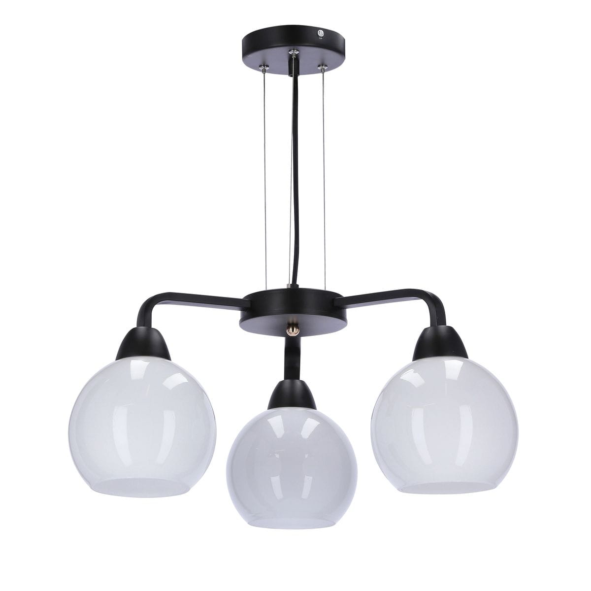 Lampa wisząca Caldera 3-punktowa w kolorze czarnym. Posiada trzy kuliste klosze z przezroczystego szkła, zawieszone na smukłych ramionach. Ujęcie z góry, prezentujące elegancki design oraz nowoczesne wykończenie.
