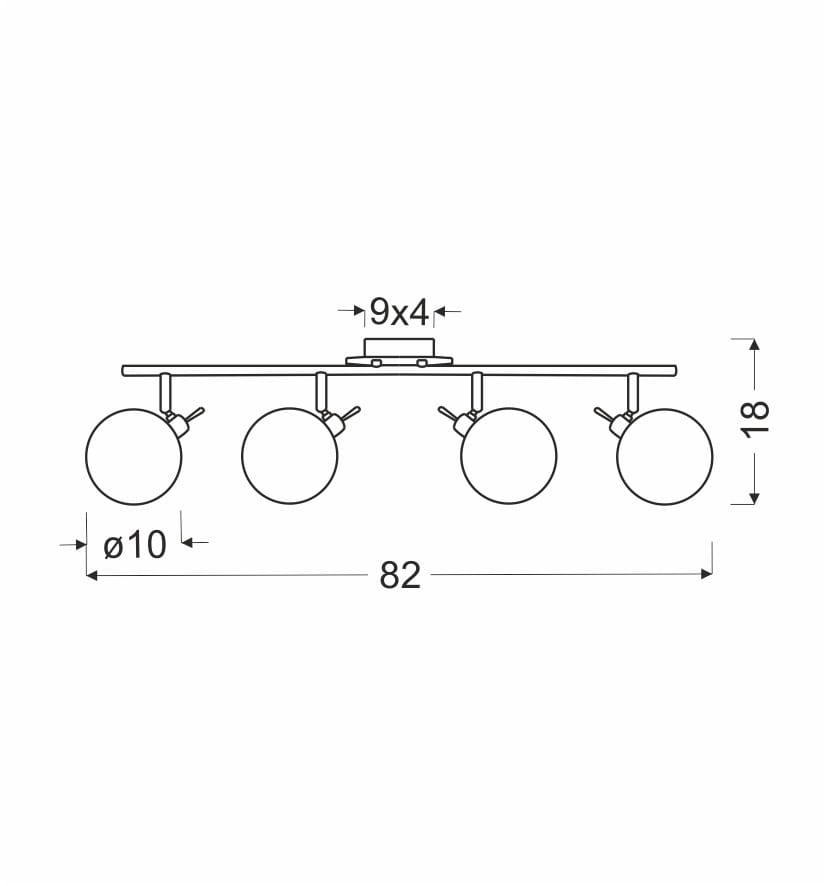 Lentini lampa sufitowa 4-punktowa w kolorze patynowym, z czterema okrągłymi kloszami o średnicy 10 cm, zamontowana na prostokątnej podstawie. Wymiary: długość 82 cm, wysokość 18 cm, szerokość 9 cm.