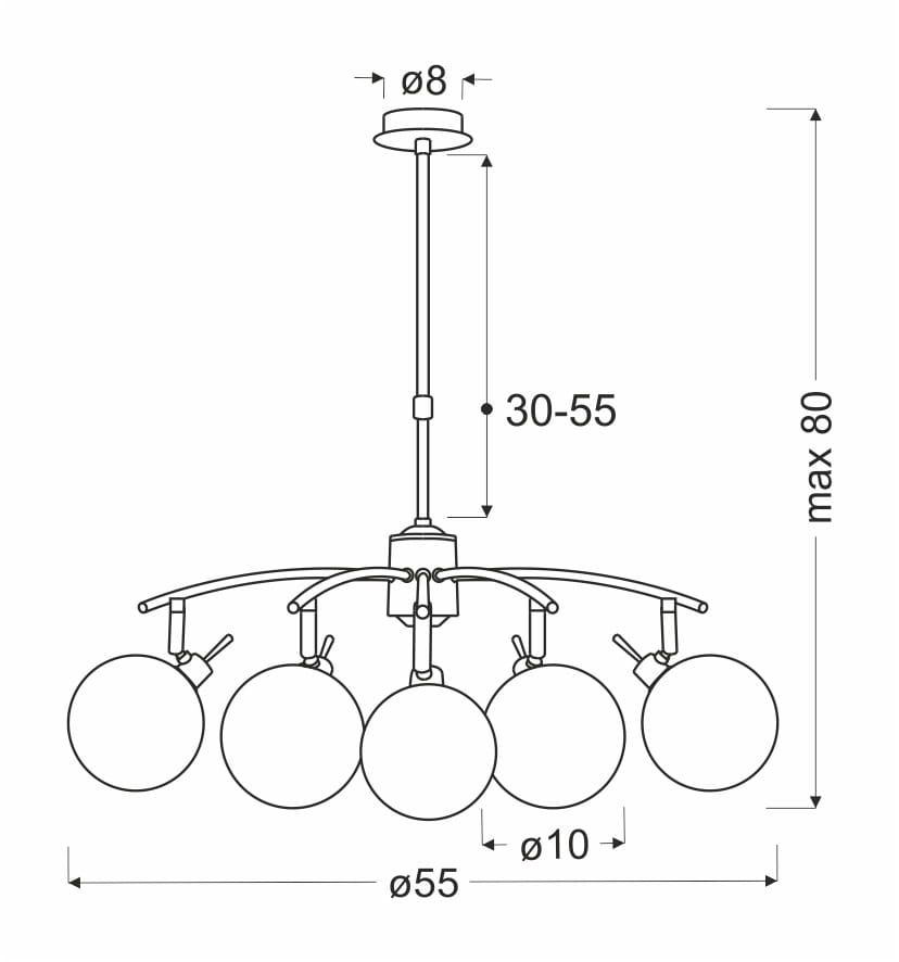 Lentini lampa wisząca 5-punktowa w kolorze patyny, z pięcioma okrągłymi kloszami. Ujęcie frontalne, z widocznymi wymiarami: długość 30-55 cm, średnica kloszy 10 cm, średnica całkowita 55 cm. Stylowy design do nowoczesnych wnętrz.