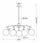 Lentini lampa wisząca 5-punktowa w kolorze patyny, z pięcioma okrągłymi kloszami. Ujęcie frontalne, z widocznymi wymiarami: długość 30-55 cm, średnica kloszy 10 cm, średnica całkowita 55 cm. Stylowy design do nowoczesnych wnętrz.