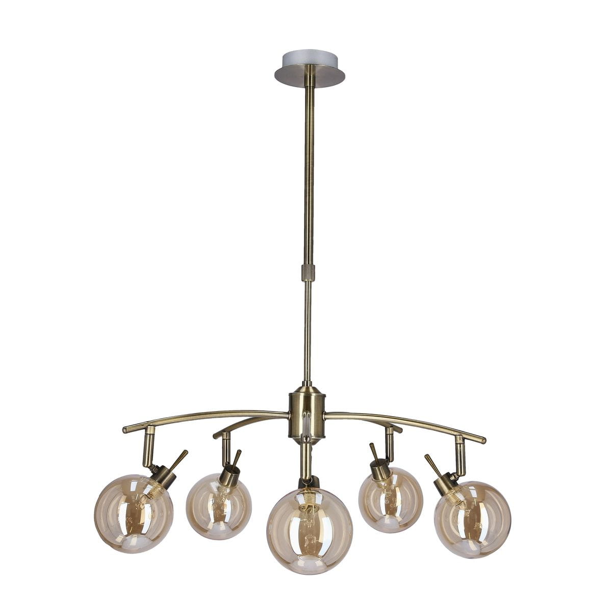 Lampa wisząca Lentini 5-punktowa w kolorze patyny, z pięcioma szklanymi kloszami w kształcie kul. Konstrukcja o zaokrąglonym kształcie, z centralnym mocowaniem na suficie. Klosze ustawione na regulowanych ramionach, efektowna aranżacja do wnętrz.