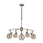 Lampa wisząca Lentini 5-punktowa w kolorze patyny, z pięcioma szklanymi kloszami w kształcie kul. Konstrukcja o zaokrąglonym kształcie, z centralnym mocowaniem na suficie. Klosze ustawione na regulowanych ramionach, efektowna aranżacja do wnętrz.