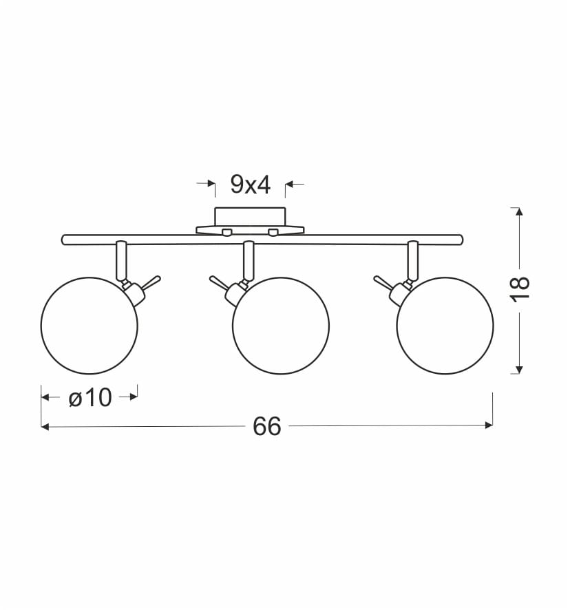 Trzypunktowa lampa sufitowa Lentini w kolorze patyny. Konstrukcja z metalowym stelażem o długości 66 cm i wysokości 18 cm. Kuliste klosze o średnicy 10 cm, zamocowane na regulowanych ramionach.