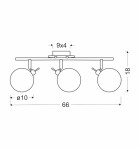 Trzypunktowa lampa sufitowa Lentini w kolorze patyny. Konstrukcja z metalowym stelażem o długości 66 cm i wysokości 18 cm. Kuliste klosze o średnicy 10 cm, zamocowane na regulowanych ramionach.