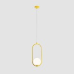 Lampa wisząca Riva 1-punktowa w intensywnym żółtym kolorze, o owalnym kształcie z białą kulą świetlną. Zawieszona na cienkim sznurku, z montażem sufitowym, na jasnoszarym tle.