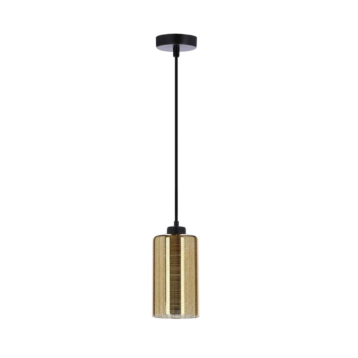 Cox lampa wisząca 1-punktowa w kolorze czarnym i złotym, z okrągłym kloszem w złotej barwie i wzorem poziomych linii. Lampa zawieszona na cienkim, czarnym przewodzie, montowana do sufitu. Prosta, elegancka forma idealna do nowoczesnych wnętrz.