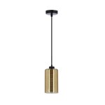 Cox lampa wisząca 1-punktowa w kolorze czarnym i złotym, z okrągłym kloszem w złotej barwie i wzorem poziomych linii. Lampa zawieszona na cienkim, czarnym przewodzie, montowana do sufitu. Prosta, elegancka forma idealna do nowoczesnych wnętrz.