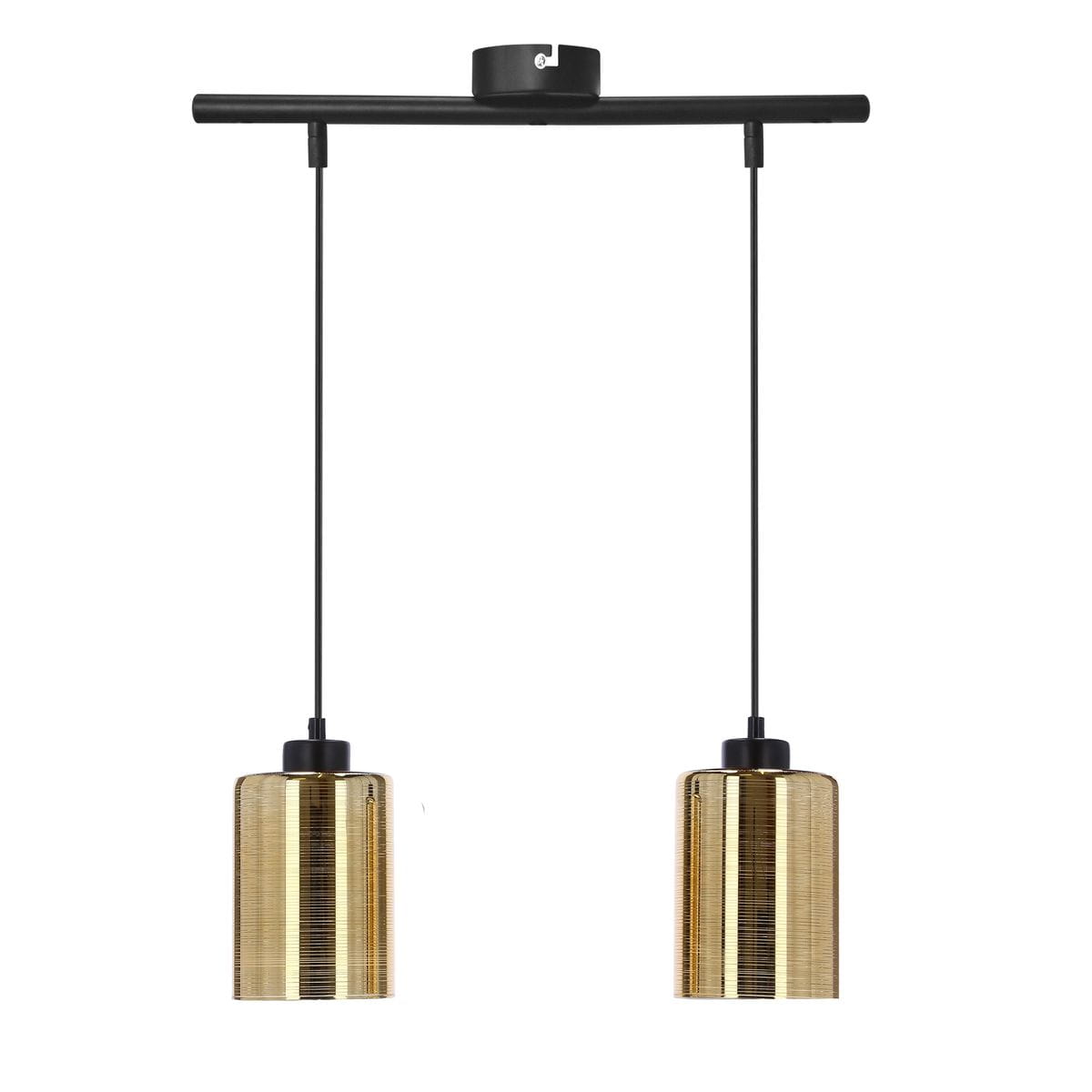 Lampa wisząca Cox 2-punktowa w czarnym wykończeniu z metalowymi kloszami w złotym kolorze. Produkt zawieszony na cienkich linkach, z minimalistycznym, prostokątnym stelażem. Klosze mają teksturowaną powierzchnię.