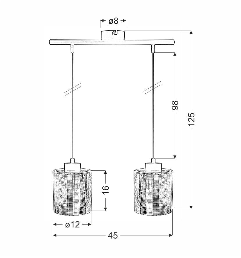Cox lampa wisząca 2-punktowa w kolorze czarnym i złotym. Dwa cylindryczne klosze o średnicy 12 cm, zawieszone na cienkich linkach. Wymiary: wysokość 125 cm, szerokość 45 cm, odstęp między kloszami 98 cm. Prosta, nowoczesna konstrukcja.