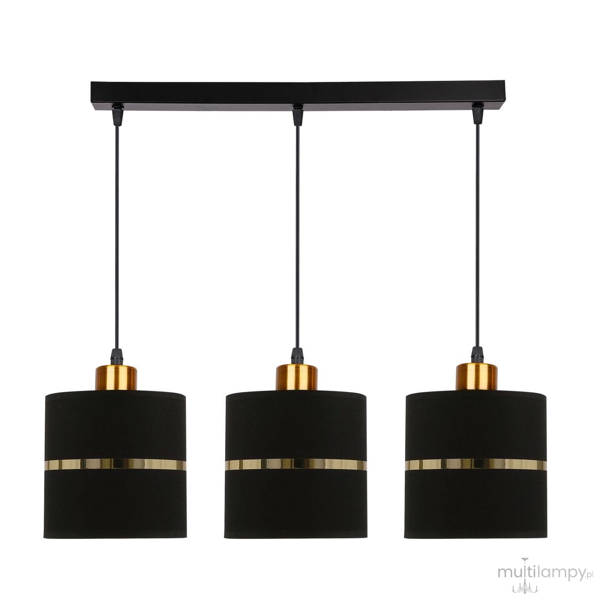 Lampa wisząca Assam 3-punktowa w kolorze czarnym z złotymi elementami. Składa się z trzech cylindrycznych kloszy zawieszonych na czarnej listwie. Klosze mają złote obręcze, a całość wisi na cienkich, czarnych przewodach.