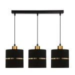 Lampa wisząca Assam 3-punktowa w kolorze czarnym z złotymi elementami. Składa się z trzech cylindrycznych kloszy zawieszonych na czarnej listwie. Klosze mają złote obręcze, a całość wisi na cienkich, czarnych przewodach.