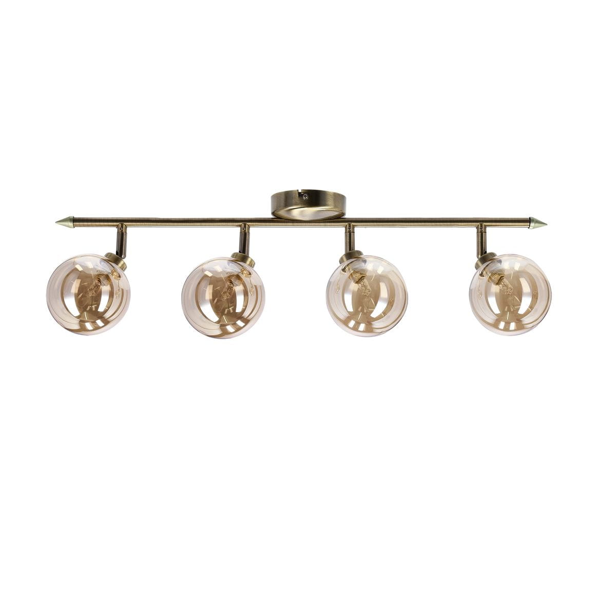Lampa sufitowa Rodia 4-punktowa w kolorze patyny z bursztynowymi kloszami. Cztery szklane kule zawieszone na metalowej rurze, z widocznymi detalami wewnętrznymi. Ujęcie frontalne, montaż sufitowy.