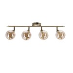 Lampa sufitowa Rodia 4-punktowa w kolorze patyny z bursztynowymi kloszami. Cztery szklane kule zawieszone na metalowej rurze, z widocznymi detalami wewnętrznymi. Ujęcie frontalne, montaż sufitowy.