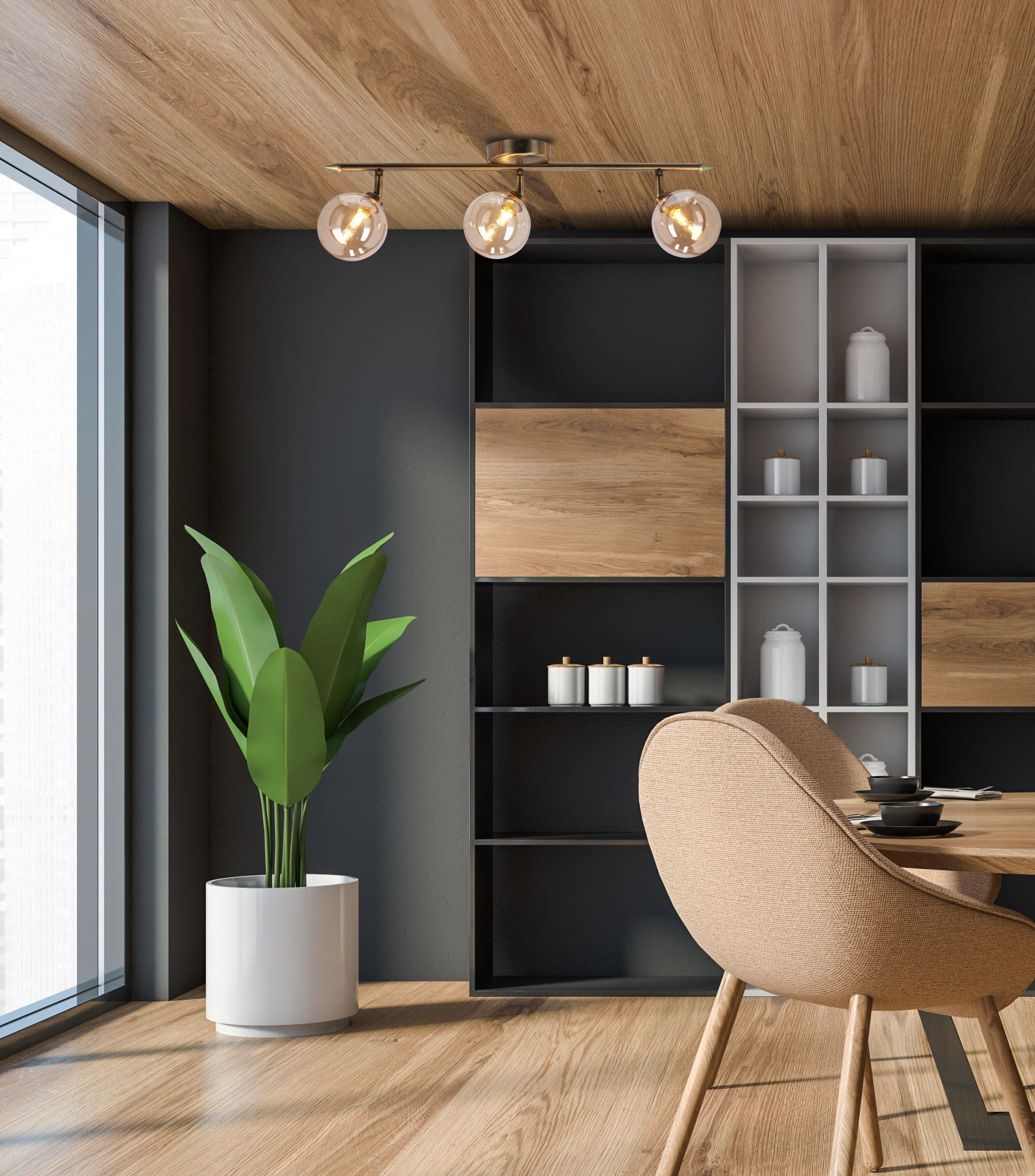 Lampa sufitowa Rodia 3-punktowa w kolorze patyny z bursztynowymi kloszami. Zawieszona na metalowej listwie, w nowoczesnym wnętrzu z drewnianym sufitem, blatem oraz ciemnymi elementami mebli. Roślina w białej doniczce w tle.