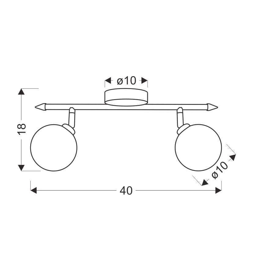 Lampa sufitowa Rodia 2-punktowa w kolorze patyny z bursztynowymi szklanymi kloszami. Ułożenie poziome, z dwoma okrągłymi kloszami o średnicy 10 cm na metalowej rurze długości 40 cm. Wysokość montażu 18 cm.