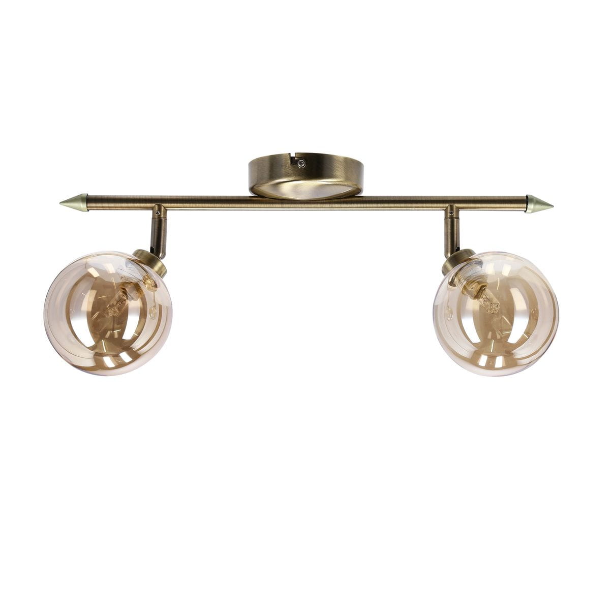 Lampa sufitowa Rodia 2-punktowa w kolorze patyny z bursztynowymi kloszami. Ułożona poziomo, z dwoma okrągłymi szklanymi kloszami, zamontowana na okrągłej podstawie. Metalowy stelaż z delikatnymi zakończeniami w kształcie strzałek.