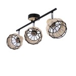 Trzypunktowa lampa sufitowa w kolorze czarnym z elementami rattanowymi. Posiada trzy klosze o okrągłym kształcie, osadzone na metalowej rurze. Klosze mają siatkową konstrukcję, co daje efekt industrialny. Produkt zamontowany na okrągłej podstawie.