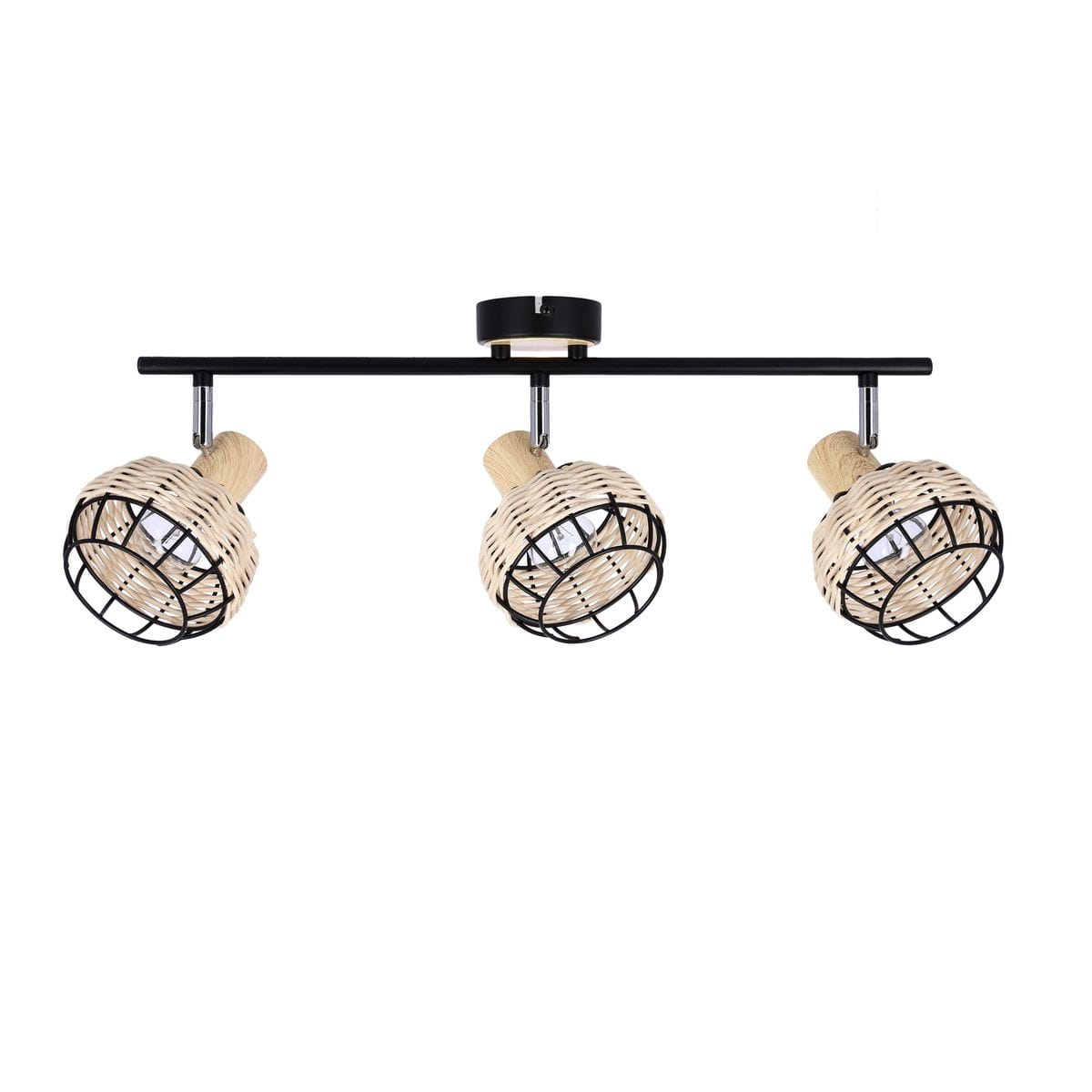 Czarna lampa sufitowa 3-punktowa z rattanowymi kloszami, wisząca na stalowym ramieniu. Klosze o okrągłym kształcie, z metalową siatką, umieszczone na czarnej podstawie. Oświetlenie w stylu industrialnym, idealne do nowoczesnych wnętrz.