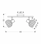 Czarna lampa sufitowa (spot) Tajga z rattanowymi kloszami, dwupunktowa. Klosze mają średnicę 12 cm, a całość ma długość 44 cm i wysokość 18 cm. Produkt zamontowany na prostokątnej podstawie.