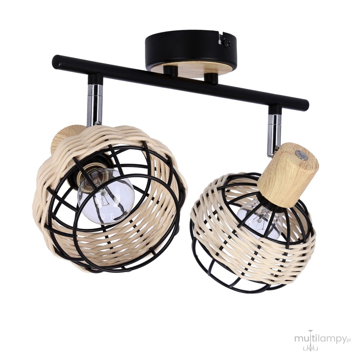Lampa sufitowa Tajga z dwoma punktami świetlnymi, w czarnej metalowej oprawie z rattanowymi kloszami. Klosze mają okrągły kształt z metalową siatką. Umożliwia regulację kierunku światła. Montaż sufitowy, nowoczesny design.
