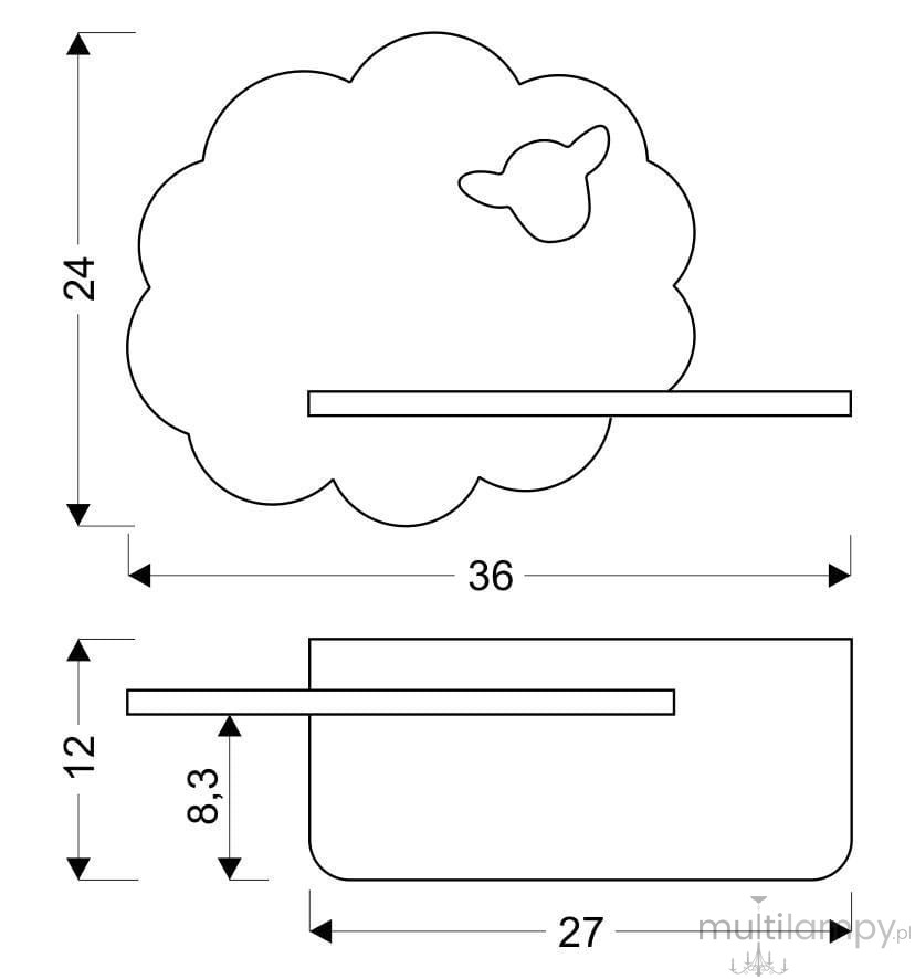 Kinkiet LED w kształcie owcy, biały. Wymiary: 36 cm szerokości, 24 cm wysokości, 12 cm głębokości. Posiada prostą, poziomą listwę do zamontowania. Idealny do dziecięcego pokoju lub jako dekoracja.