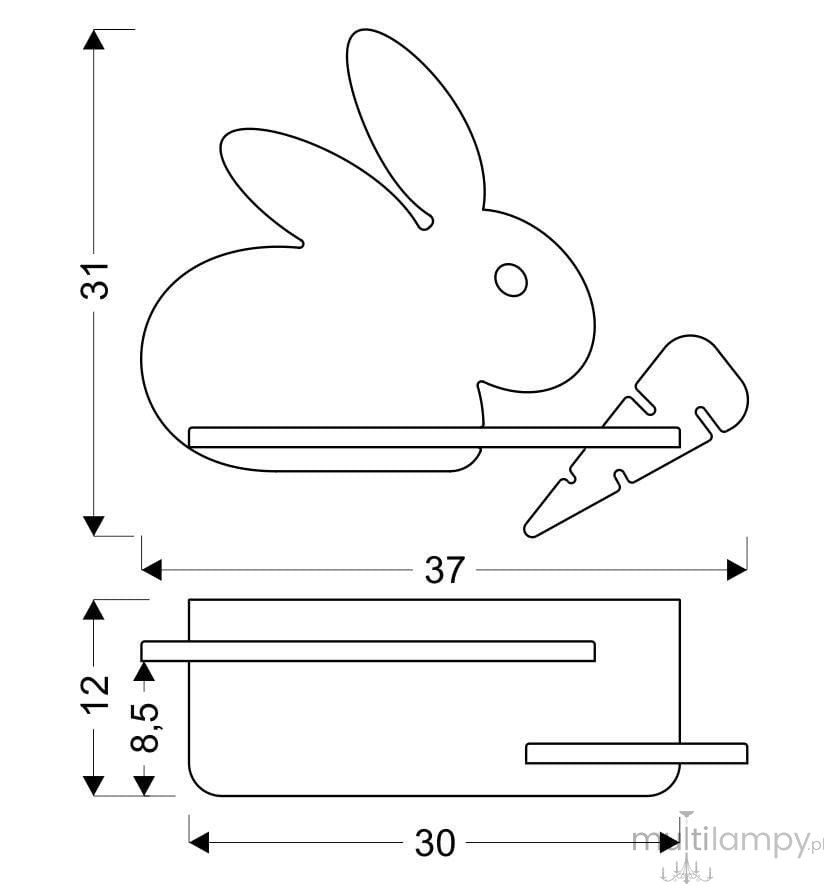 Kinkiet LED Rabbit w kolorze szarym i białym, o kształcie króliczka. Wymiary: 37 cm szerokości, 31 cm wysokości, 12 cm głębokości. Montowany na ścianie, z widocznymi detalami, takimi jak uszy i ogon króliczka.