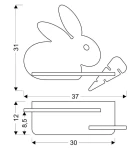 Kinkiet LED Rabbit w kolorze szarym i białym, o kształcie króliczka. Wymiary: 37 cm szerokości, 31 cm wysokości, 12 cm głębokości. Montowany na ścianie, z widocznymi detalami, takimi jak uszy i ogon króliczka.