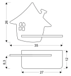 Miętowy kinkiet LED w kształcie domku, z wymiarami 35 cm szerokości, 26 cm wysokości i 12 cm głębokości. Posiada prostą, poziomą listwę montażową o szerokości 27 cm i wysokości 8,3 cm, idealny do dekoracyjnego oświetlenia wnętrz.